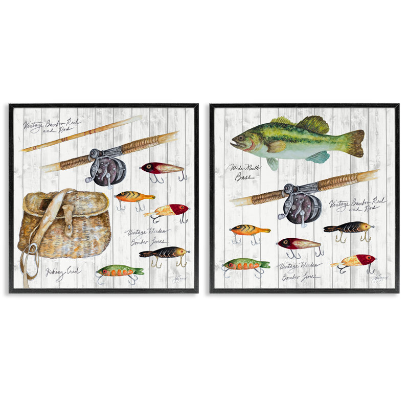 Vintage Fishing Gear 2 PC Giclee Art Set by Patricia Pinto, 24" H x 24" W, Midnight Black Framed Giclee