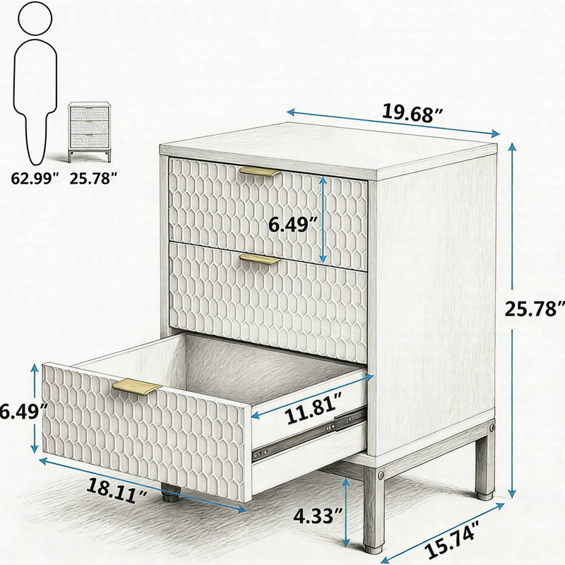 Table de chevet moderne de 25,8 po avec 3 tiroirs et base en métal doré Modern