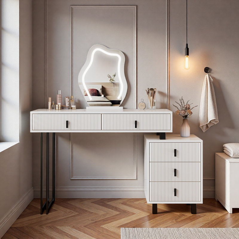 Adjustable-Length Vanity With Cloud LED Mirror - Modern Makeup Table With Storage Drawers  Side Cabinet