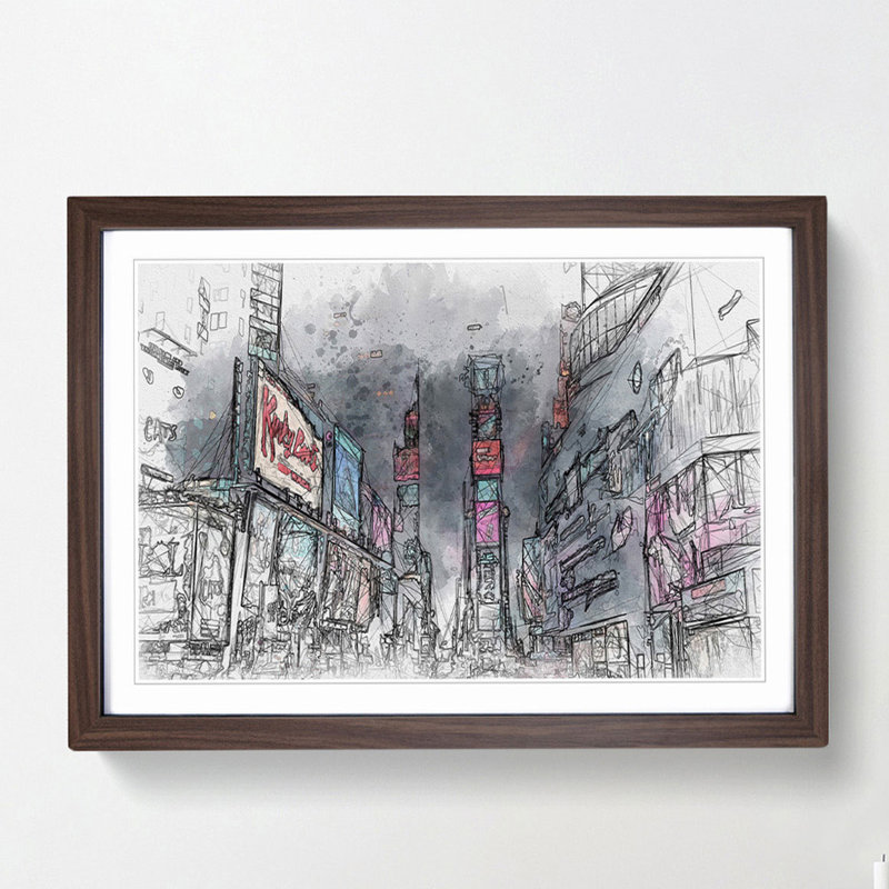 Theater District in Manhattan New York in Abstract - Framed Print, 35cm H x 50cm W x 2cm D, Walnut