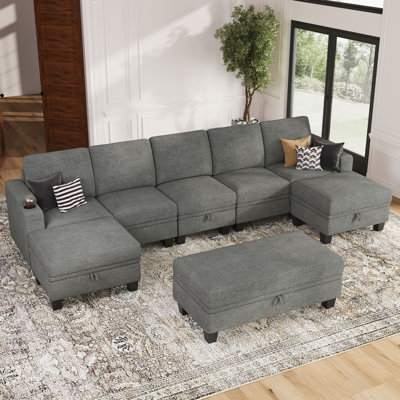 Anjana Jenette Large Chenille Modular Storage Couch U Shaped Modular Sofa With Removable Washable Cushion And Movable Storage Ottomans And Cup Holder