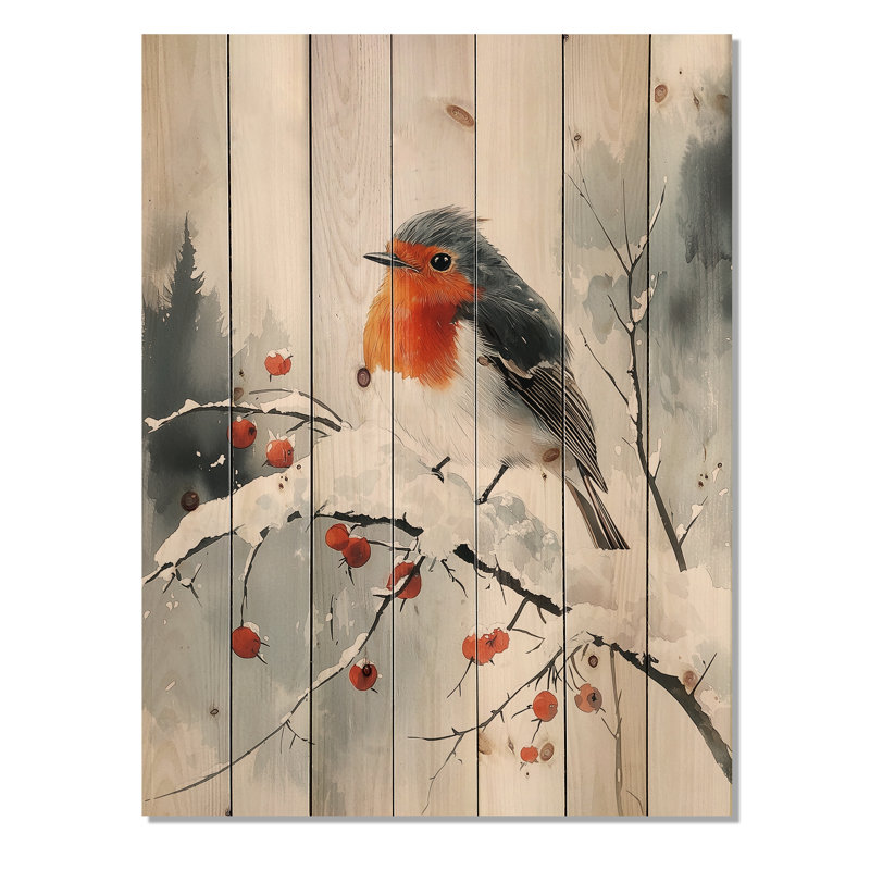 Oiseau Robin dans la neige hivernale II - Art mural en bois oiseau - sur bois de pin naturel, H 20 po x l 10 po x P 0,78 po