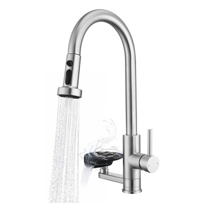 Robinet de cuisine à finition nickel brossé avec pulvérisateur rétractable 3 modes de pulvérisation, contrôle à une poignée, fabrication durable, idéal pour les éviers de cuisine