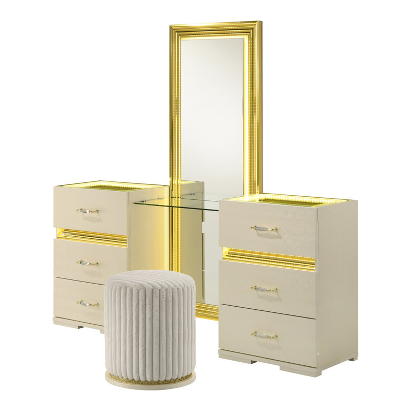 Brigette 6-Drawer Vanity Set With Stool, Mirror, Beige