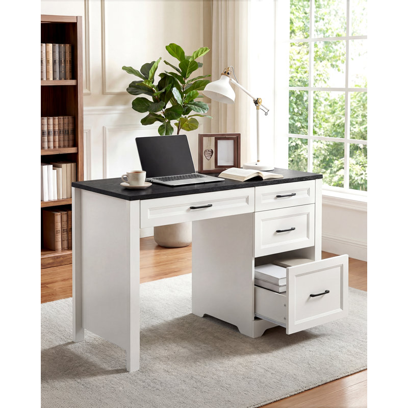 Élégant bureau de direction moderne avec tiroirs et rangement pour dossiers, compact, durable et parfait pour les petits espaces, plateau de table blanc et noir