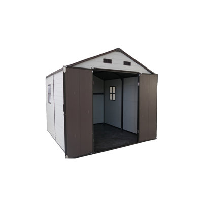 8X8 Ft Resin Storage Shed With Windows, Aluminum Frame And Heavy - Duty Floor, Good For Garden Tools Seasonal Decorations, Antique Brown & White 8X8x7.6Ft, Frame, Floor Ideal Backyard