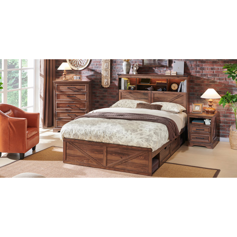 Farmhouse Platform Bed with Storage and Headboard, Wood Platform Bed Frame with Charging Station and Drawers, No Box Spring Needed