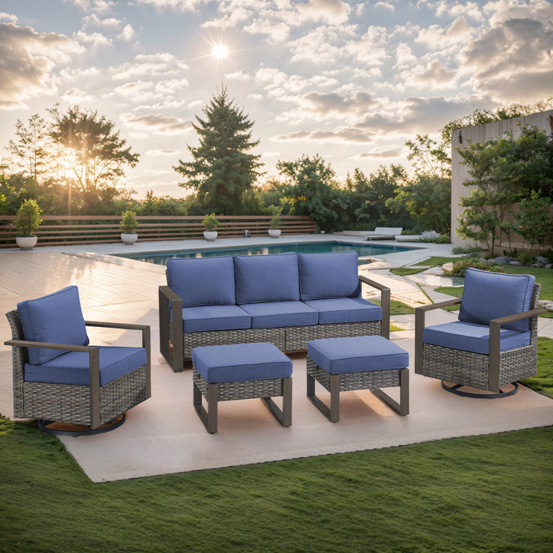 Drazen Wicker Steel Outdoor Seating Group, Gray, Blue