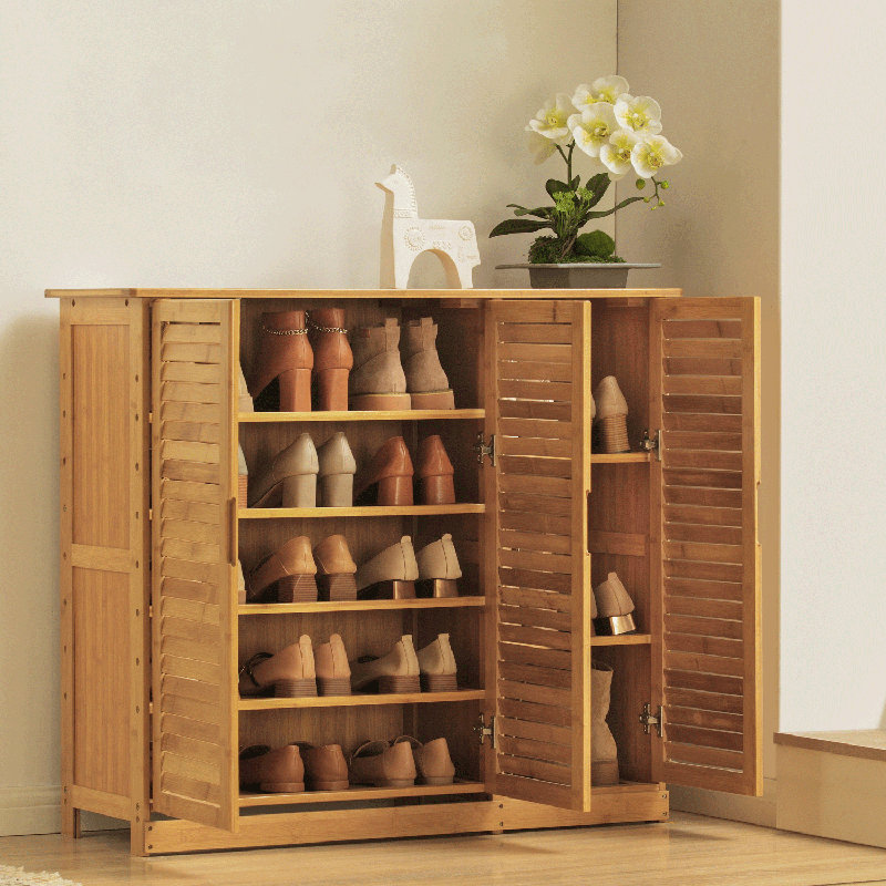 5-Tier 21 Pairs Storage Free Standing Bamboo Shoe Rack Blinds with Door, for Entryway Hallway