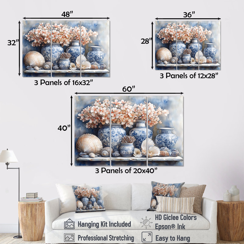 Poterie en tons de bleu et blanc II - ensemble de décoration murale de poterie côtière, Toile tendue