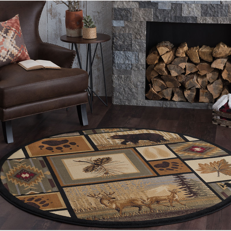 Tapis brun et beige de style Sud-Ouest, Rond 7 pi 10 po