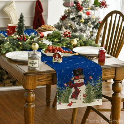 Snowman Birds Trees Christmas Table Runner, Seasonal Winter Holiday Kitchen Dining Table Decoration For Home Party Decor