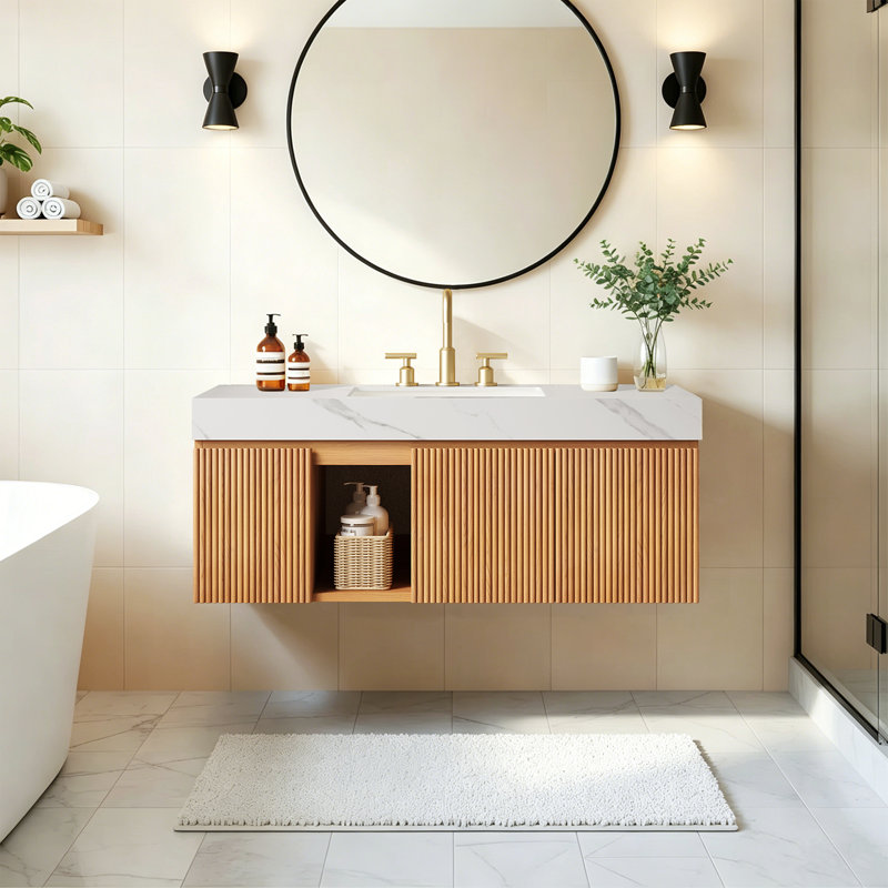 Meuble-lavabo de salle de bain mural en bois naturel 48 po Luxury