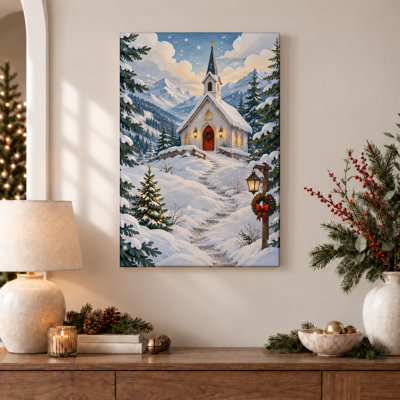 White Stone Church With Red Door In Snowy Christmas Canvas Wall Art