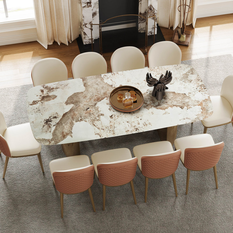 79" Luxury Dining Table with Random Natural Pattern Sintered Stone Top & Metal Base, Modern Rectangular Dining Table, Elegant Kitchen Dining Room Furniture,10-chair