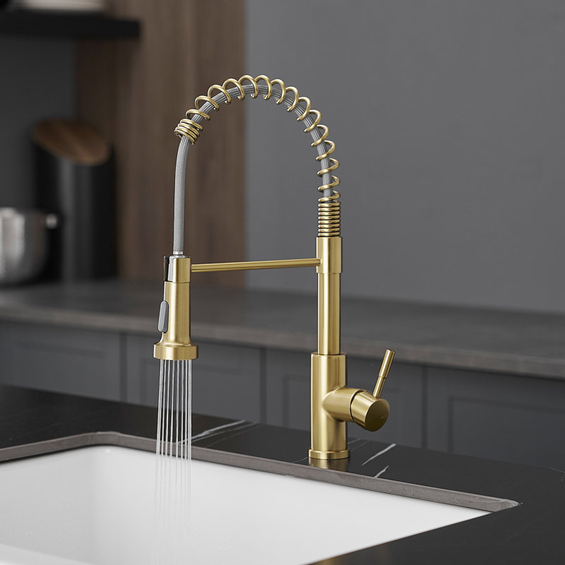 Robinet de cuisine moderne en or brossé, douchette rétractable, acier inoxydable, robinet à deux modes de fonctionnement en or, poignée simple en acier, fonction aérée pour plus de confort