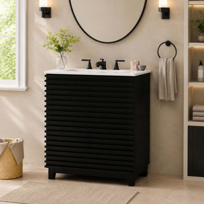 Meuble-lavabo avec lavabo en céramique, armoire de salle de bain autoportante avec 2 portes cannelées et 1 tiroir, support de rangement à double porte, cloison de tiroir amovible, meuble-lavabo moderne