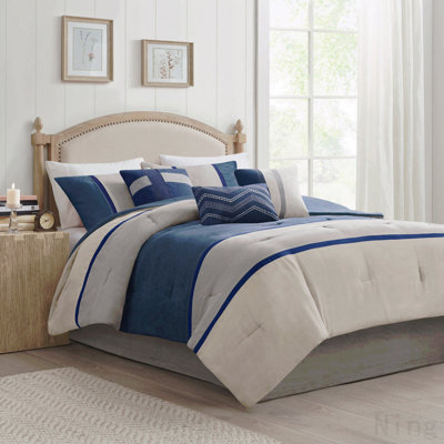 7 Piece Faux Suede Comforter Set Blue Queen