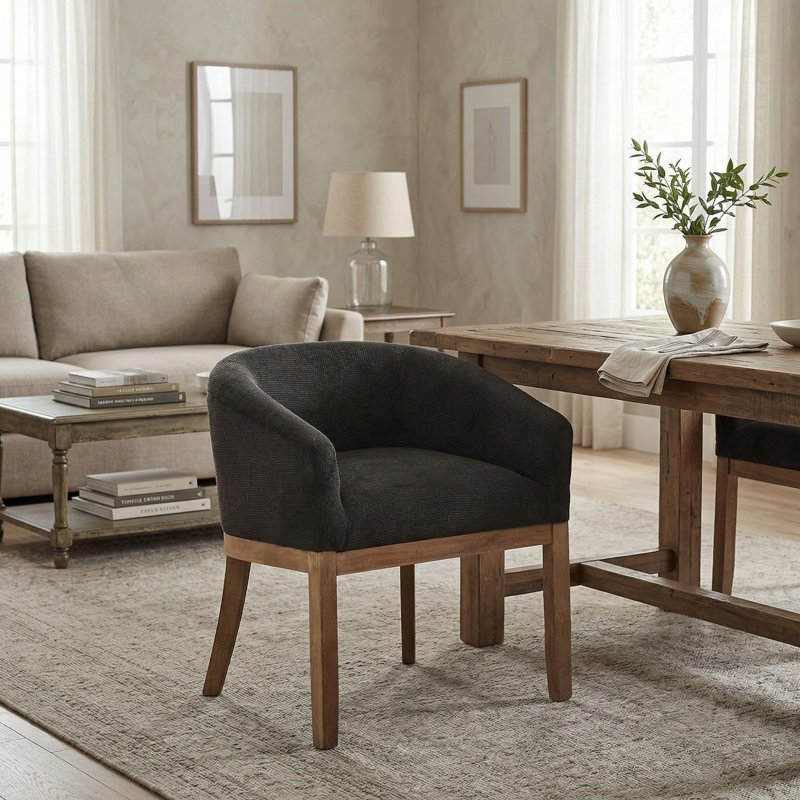 Upholstered Barrel Dining Chair with Arms, 19.32"W Accent Side Armchair for Living Room, Black
