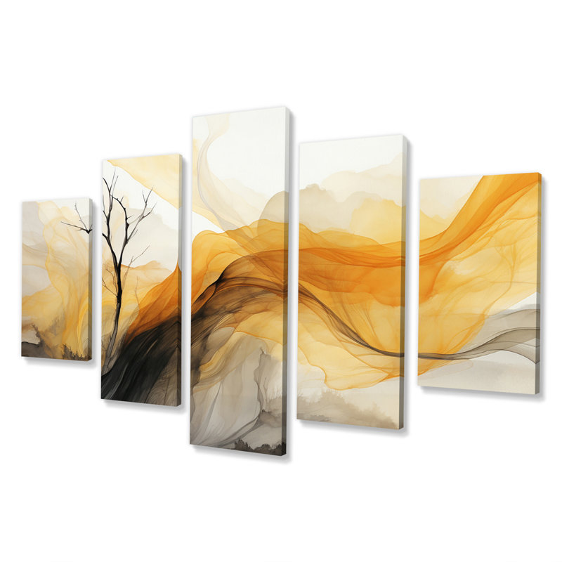 Paysages de rêves vagues rétro jaune - formes abstraites, art mural, salon - 5 panneaux