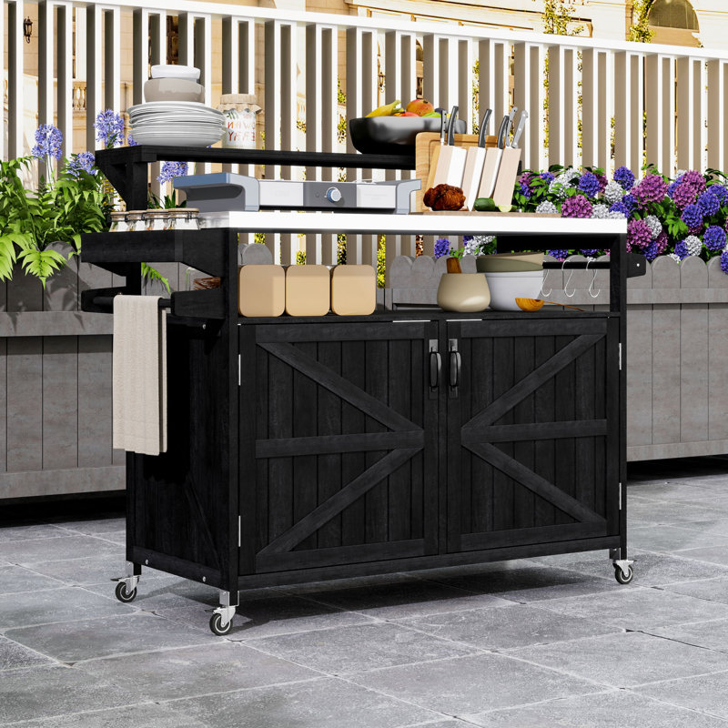 Chariot pour îlot de cuisine roulant sur roulettes avec tablette surélevée, plateau en acier inoxydable et tablettes réglables