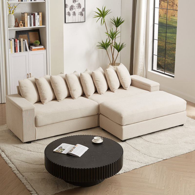 Canapé modulaire confortable en L en velours côtelé avec accoudoirs, siège moelleux à 3 places avec méridienne, 8 coussins et rangement pour la chambre à coucher
