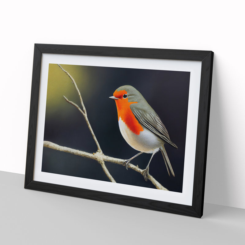 Effervescent Robin Bird - Single Picture Frame Painting, Black, 46cm H x 64cm W x 2cm D