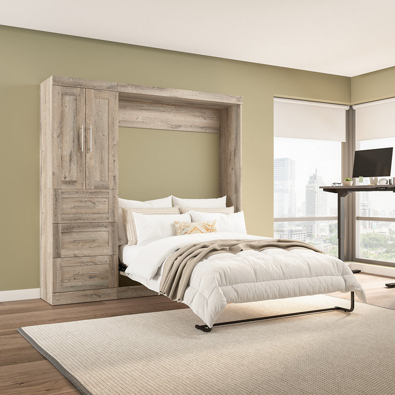 Arlex Bed with Storage Unit with Drawers and Doors, Rustic Brown, Queen