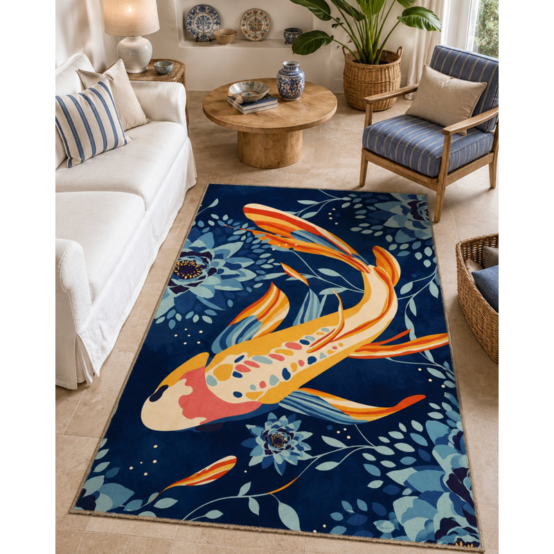 Tapis décoratif bleu marine à motif de poissons Koi, Rectangle 5 pi 2 po x 7 pi 7 po