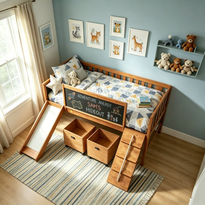Lit mezzanine simple avec glissade, lit mezzanine en bois massif avec structure d'escalade et 2 boîtes de rangement, structure de lit mezzanine pour enfants avec tableau noir à double face pour jouer, mobilier de chambre d'enfant multifonctionnel et sécuritaire pour enfants, naturel.