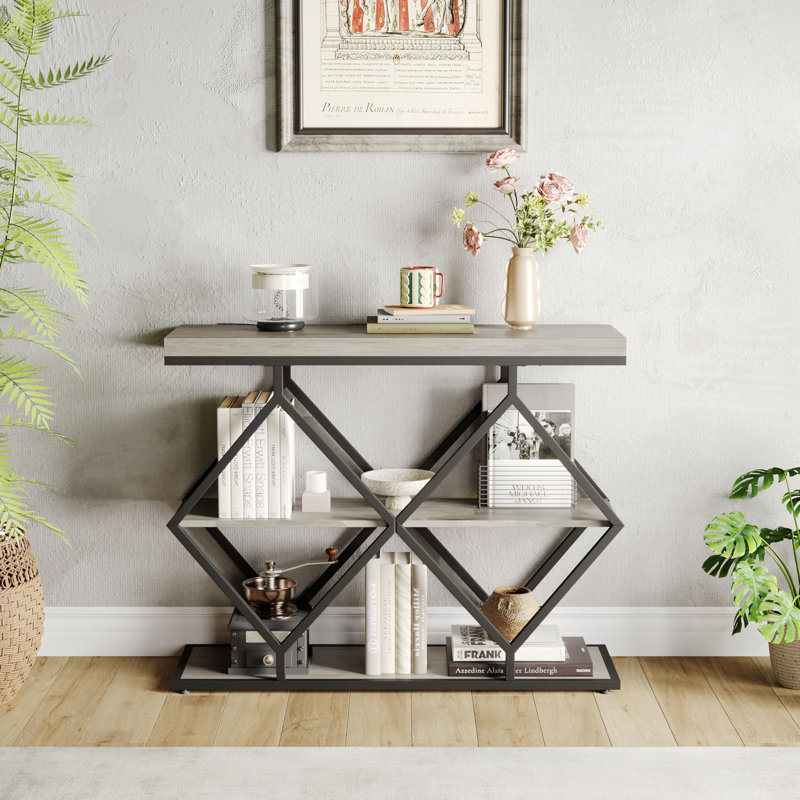 Table d'entrée de 39 pouces - Console étroite à 3 niveaux avec rangement ouvert, pieds réglables, structure en métal en forme de losange, table d'appoint industrielle pour vestibule, vestibule, couloir