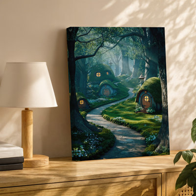 Reproduction d'art sur toile, "Une forêt fantaisiste" mettant en vedette des maisons couvertes de mousse enchanteresse nichée parmi des arbres anciens
