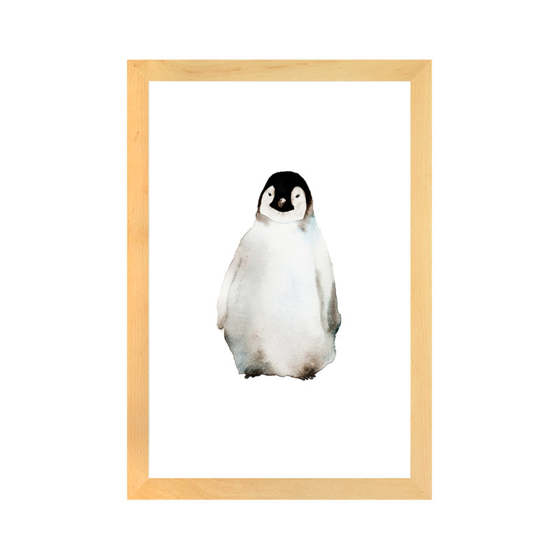 Art pingouin, H 24 po x l 16 po x P 1 po, Toile avec cadre en bois beige