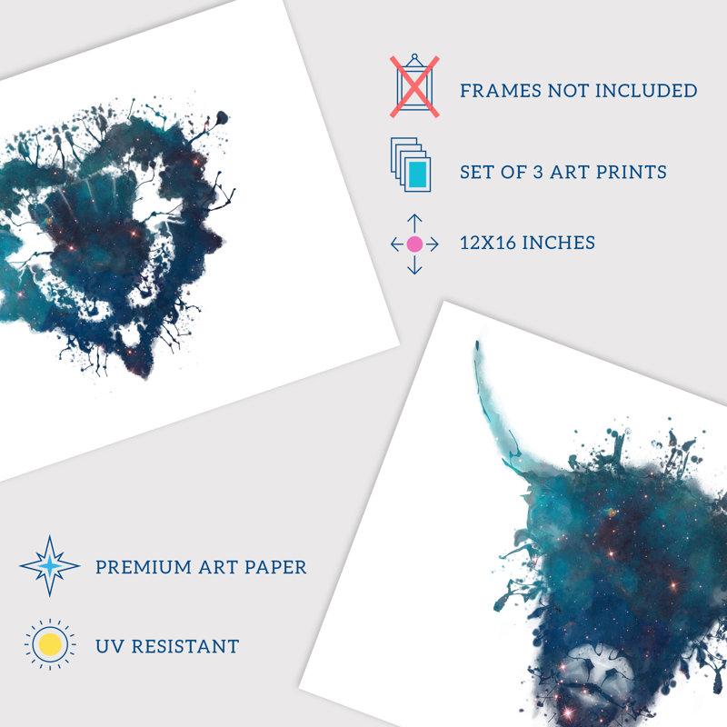 Ink Splat Thistle Heart Hairy Coo Cow Stag Celestial Space Scottish - 3 Piece No Frame Print Set