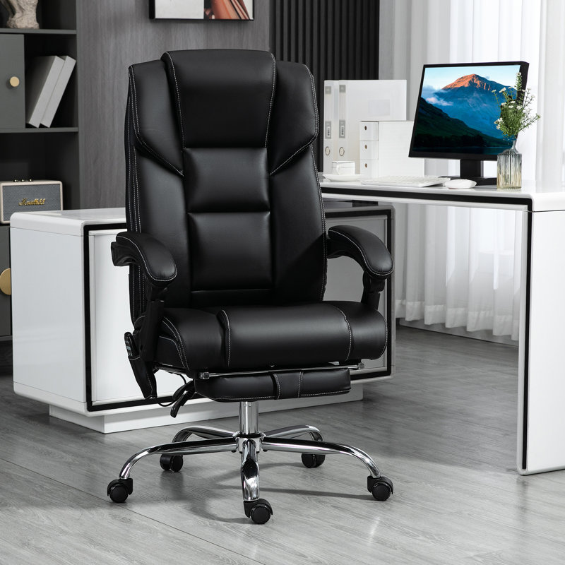 Chaise d'ordinateur en cuir noir avec 6 points de vibration, hauteur réglable, repose-pieds, inclinaison, siège lombaire chauffant pour une journée de travail productif, lombaire, cuir, bureau calme