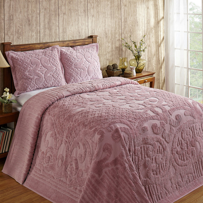 Couvre-lit en chenille Ashton double / grand, couvre-lit 100% coton à médaillon floral, literie traditionnelle héritage texturée, confort toutes saisons doux et respirant, certifié OEKO-TEX, lavable à la machine, rose