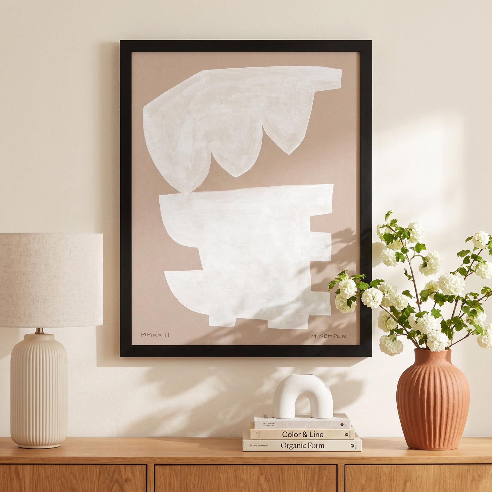 Gallman "Modules in White 1" Painting, 16" W x 20" H, Black Framed