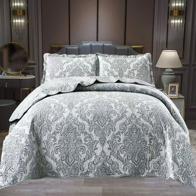 Printed Bedspread Set Damask Pattern with Matching Pillow Shams, Soft Microfiber Coverlet, Lightweight & All-Season Bedding