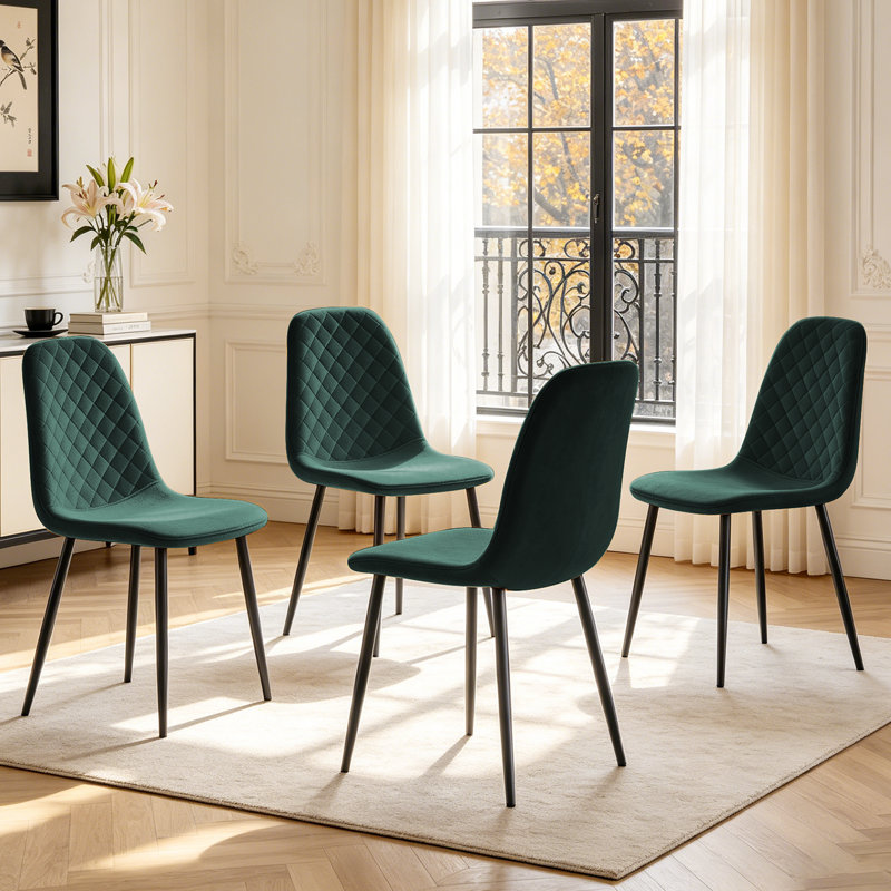 Velvet Upholstered Dining Chairs with Diamond‑Quilted Backrest and Sturdy Metal Legs, Green