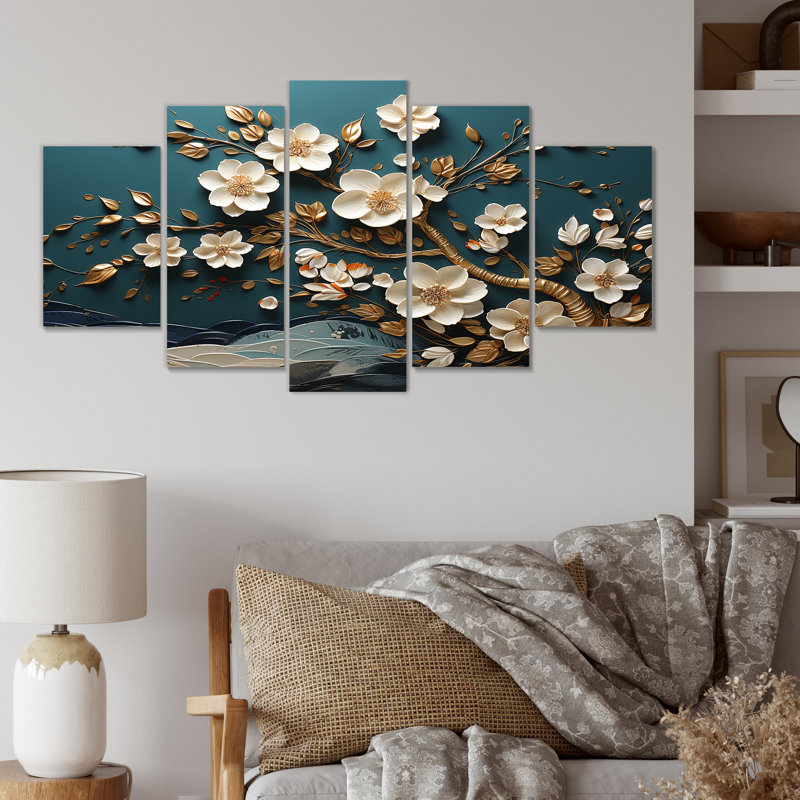 Ensemble de décoration murale blanche et dorée avec fleurs printanières «Blooms III»
