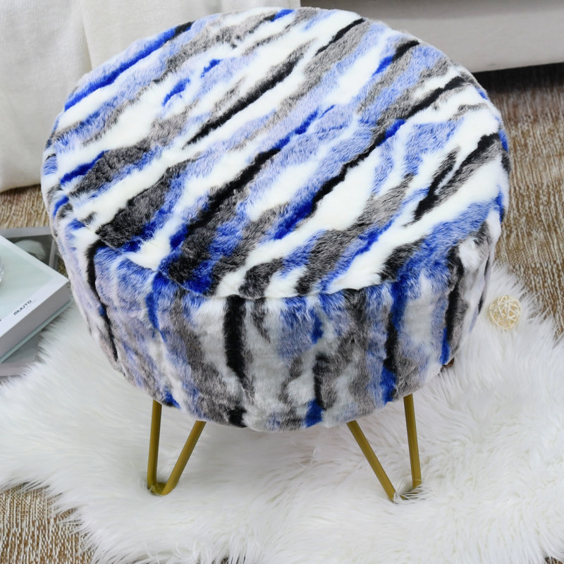 45.7cm Wide Round Abstract Standard Ottoman, Blue Faux Fur