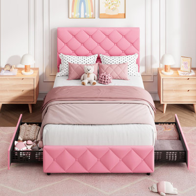Twin Bed Frame with 2 Storage Drawers and Adjustable Headboard,Pink | Linen Fabric, Diamond Stitched Button Tufted, No Box Spring Needed, Easy Assembly, Upholstered Kids Bed Frame for Girls