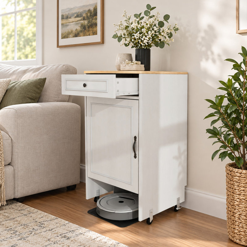 Robot Vacuum Storage Accent Cabinet with Drawer Adjustable Shelf and Wheels