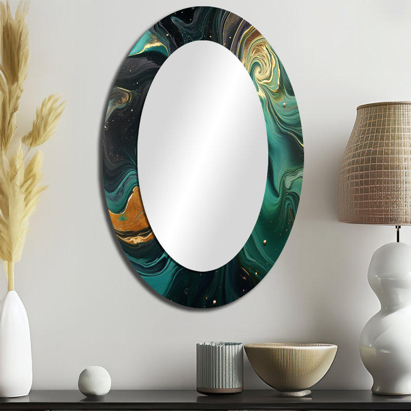 Miroir mural abstrait vert et doré - III, 36 po x 24 po