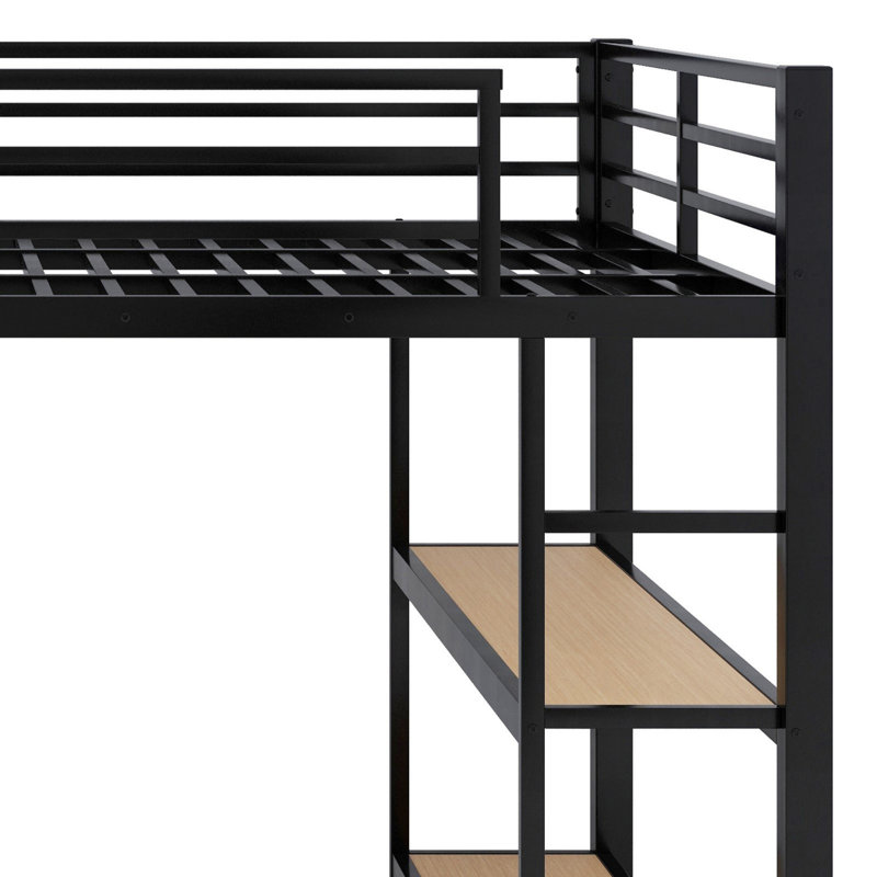 Metal Loft Bed Frame With Wardrobe,Storage Shelves And Pegboard