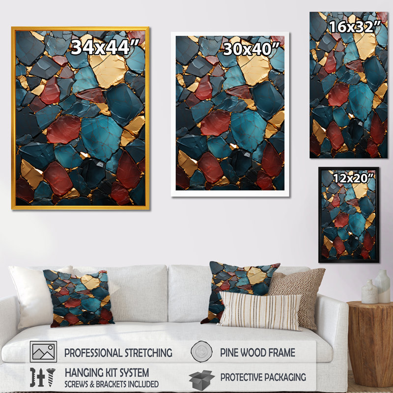 Blue And Red Marble Elegance III - Marble Wall Decor, Black Picture Framed, 32" H x 24" W x 1" D