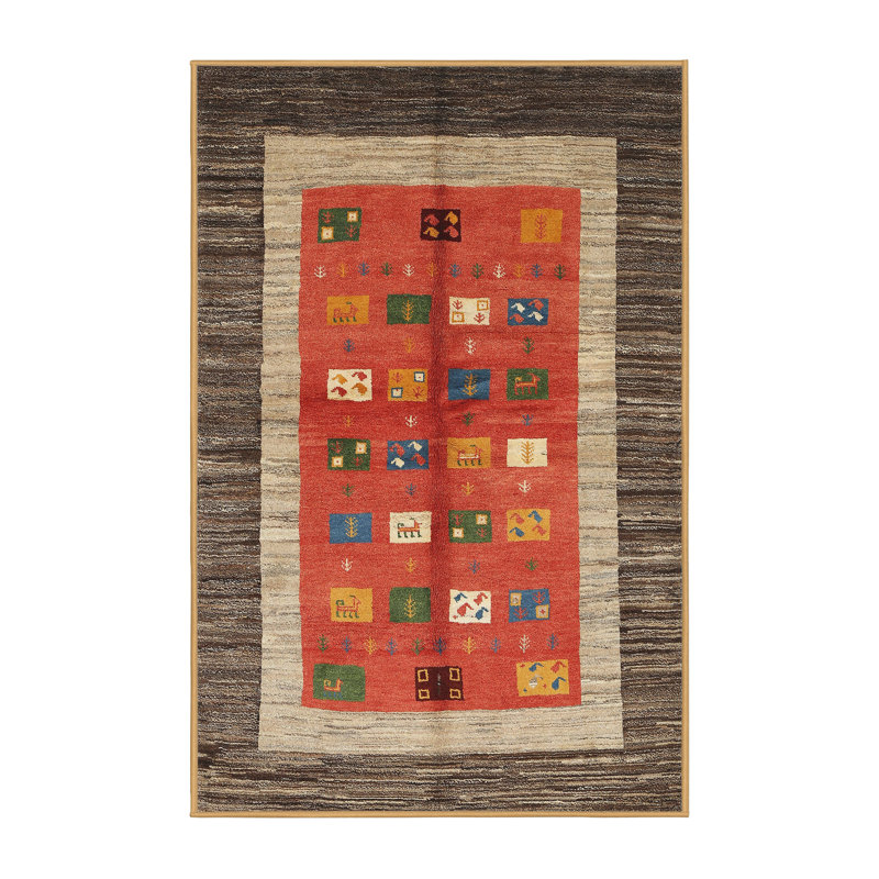 Tapis contemporain vert / rouge / beige, Rectangle 2 pi x 3 pi
