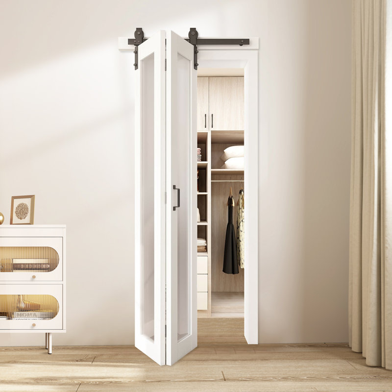 JUBEST 1-Lite Manufactured Wood And Frosted Glass Bi-Fold Barn Doors With Installation Hardware Kit, 30" x 84"