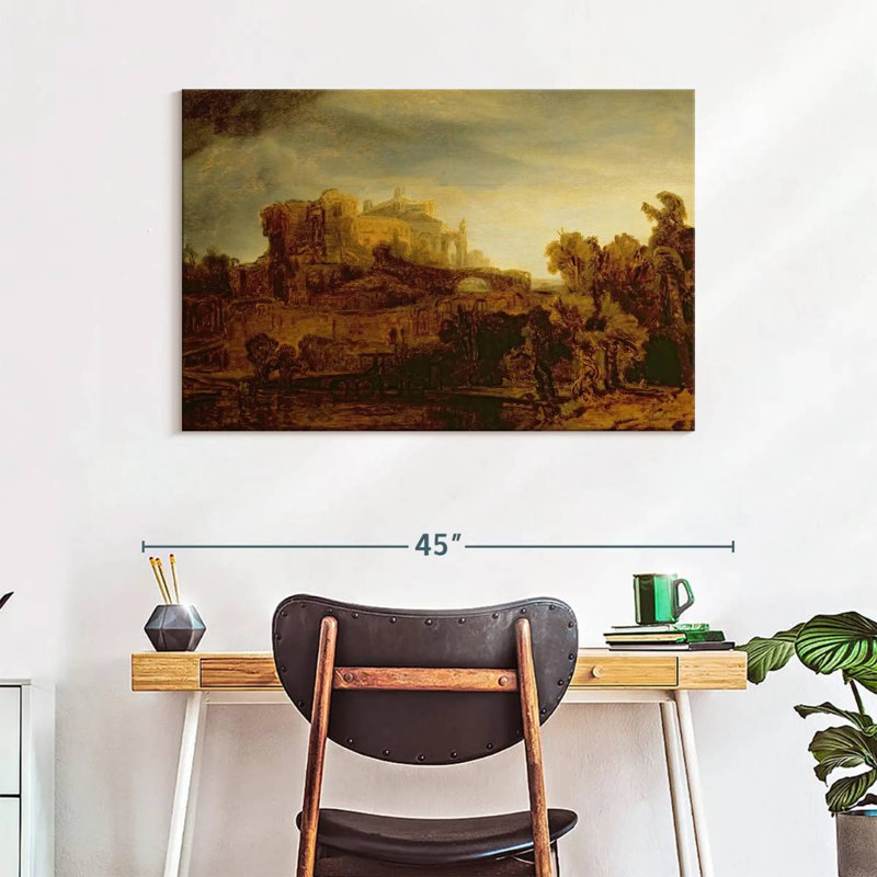 Lilie paysage avec un château, H 26 po x l 39 po