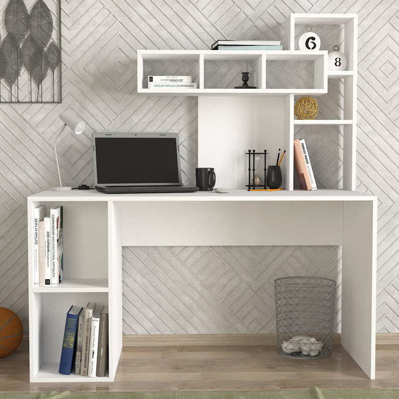 Bureau d'étude moderne avec bibliothèque, finition blanche, 55,1 po x 60,6 po x 23,6 po | 100% panneau de particules enduit de mélamine, épaisseur: 0,7 pouce | Comprend de nombreuses tablettes et un rangement supplémentaire pour le bureau à domicile, conception élégante